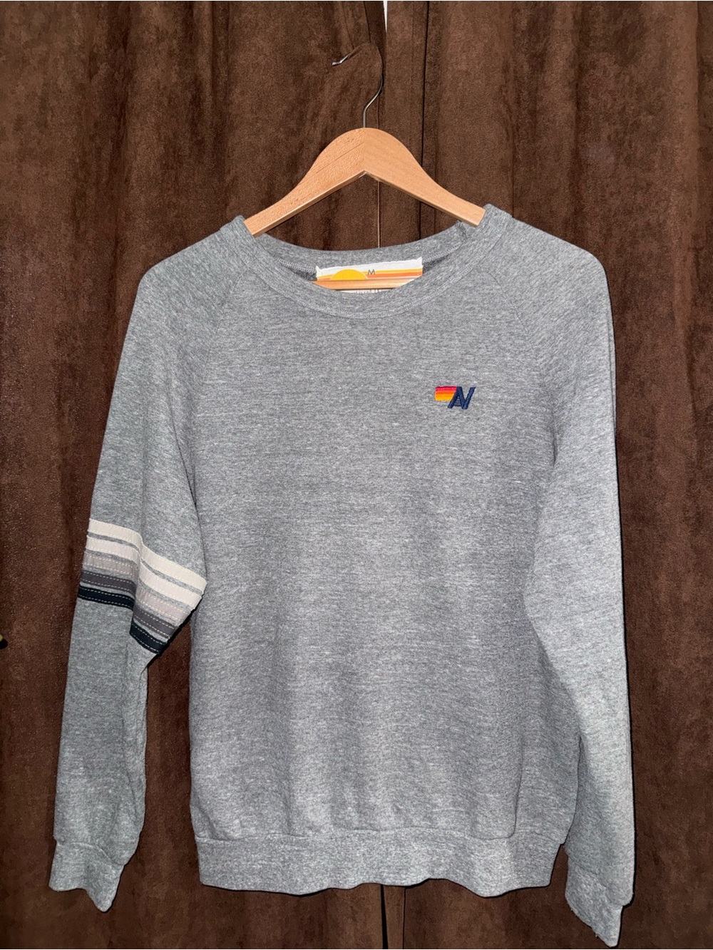 Aviator Nation Heather Gray Crewneck with Stripe Sleeve and Logo unisex